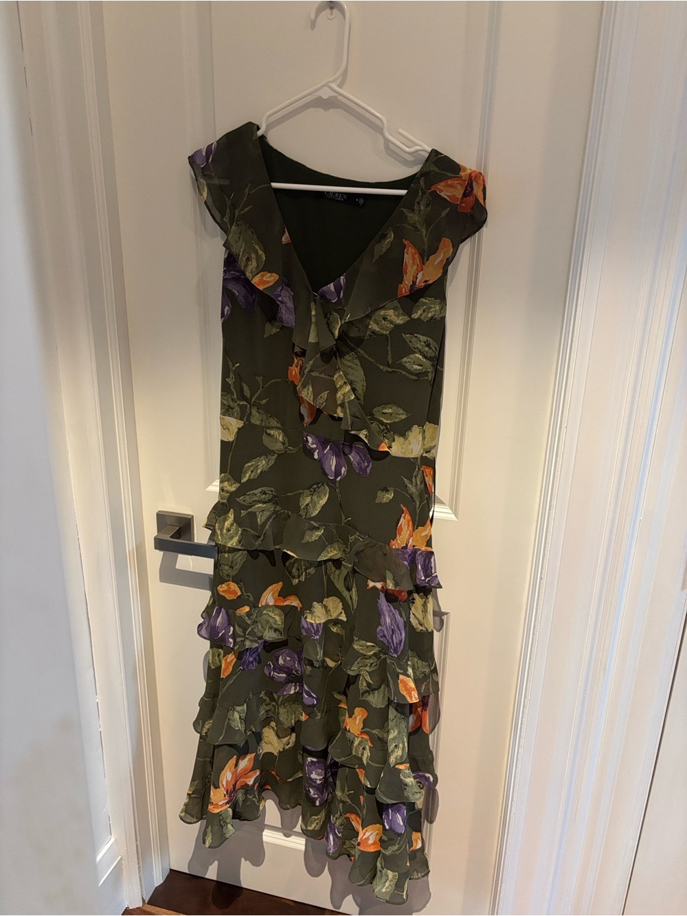 Lauren Ralph Lauren Olive Green Midi Dress with Purple & Orange Floral Print